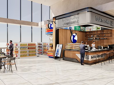 Modern Luckin Coffee Shop Interior Featuring Counter Shelves Customers And Large Windows 3d model