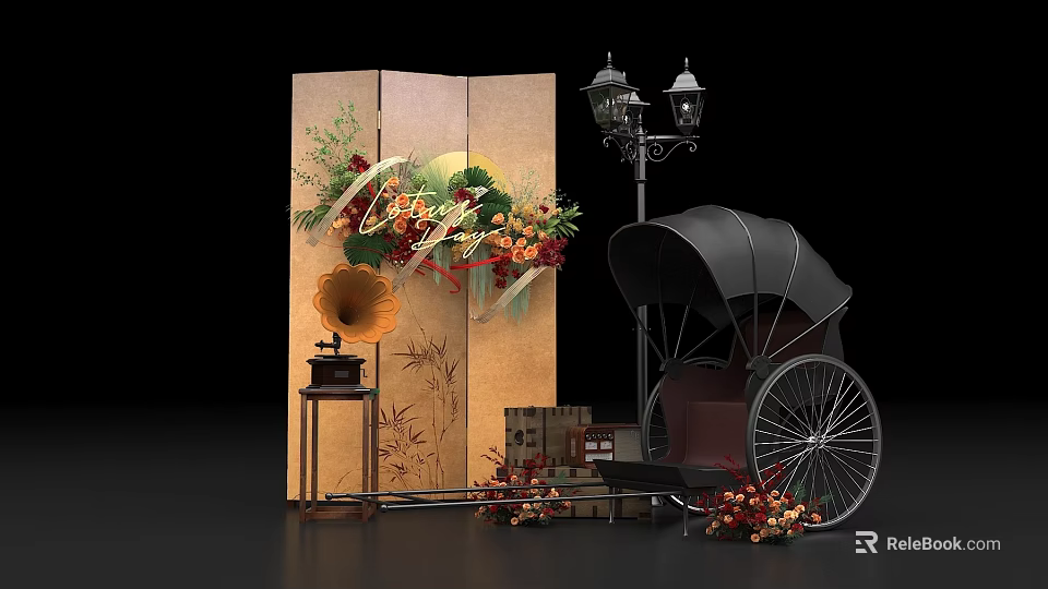 Vintage Photo Check In Spot With Floral Screen Gramophone Street Lamp And Rickshaw 3d model 