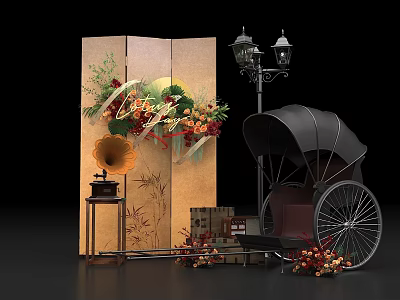 Vintage Photo Check In Spot With Floral Screen Gramophone Street Lamp And Rickshaw 3d model