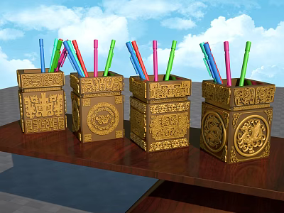 Four Golden Carved Decorative Pen Holders With Colored Pencils On Wooden Table 3d model