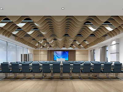 Modern Conference Room with Wavy Wooden Ceiling Large Screen Blue Chairs Wooden Floor Windows 3d model