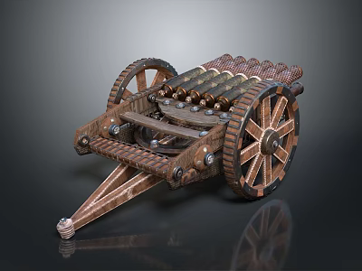 Ancient Wooden Mechanical Device With Spoked Wheels And Gear Like Launch Structure 3d model