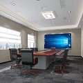 Modern Conference Room With Large Screen Meeting Table Black Chairs Recessed Lights And Gray Carpet