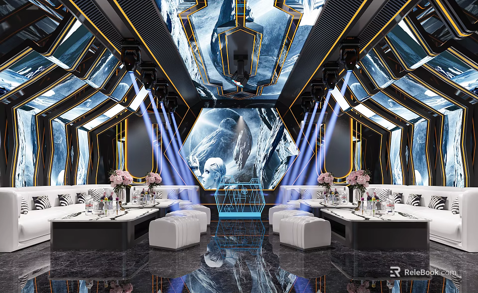 Luxury KTV Interior With Sofas Lights Floral Decor And Marble Floor 3d model