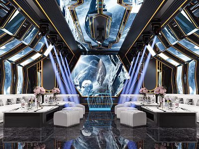 Luxury KTV Interior With Sofas Lights Floral Decor And Marble Floor 3d model