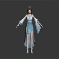 Elegant Blue And White Traditional Chinese Female Costume With Flowing Sleeves Waist Decoration And Headpiece