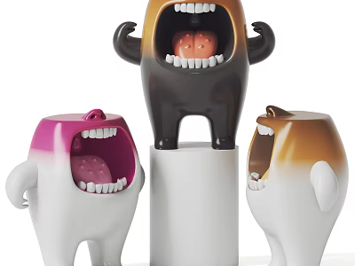 Colorful Cartoon Figurines With Open Mouths And Teeth Standing On White Pedestal 3d model