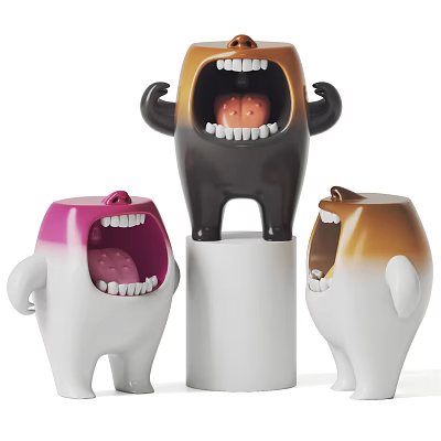 Colorful Cartoon Figurines With Open Mouths And Teeth Standing On White Pedestal 3d model