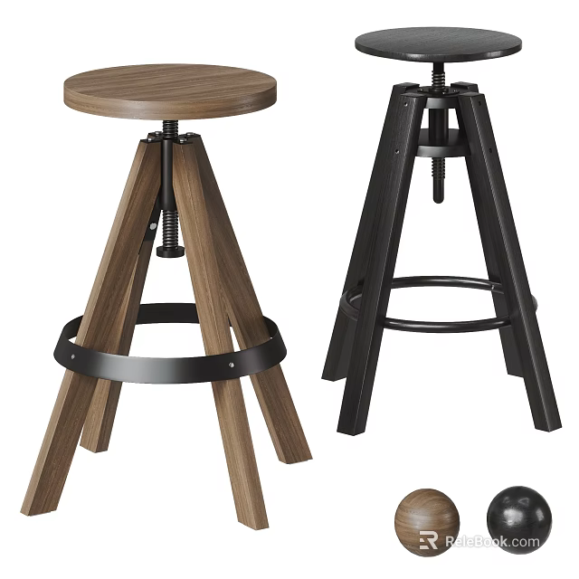 Modern Three Legged Wooden Walnut And Black Metal Bar Stools With Round Seats 3d model 