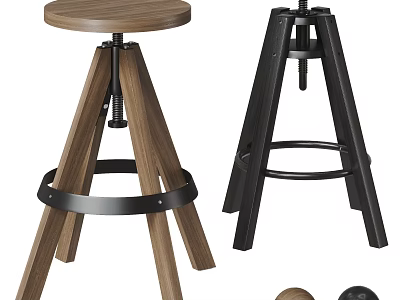 Modern Three Legged Wooden Walnut And Black Metal Bar Stools With Round Seats 3d model