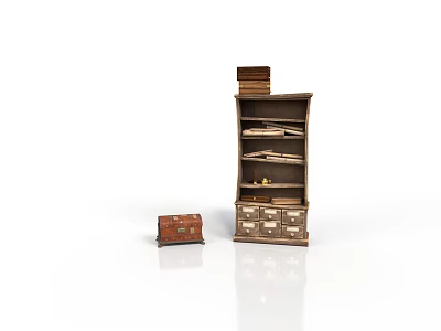 Brown Bookshelf With Books On Multiple Shelves Stacked Books On Top And Small Brown Chest 3d model