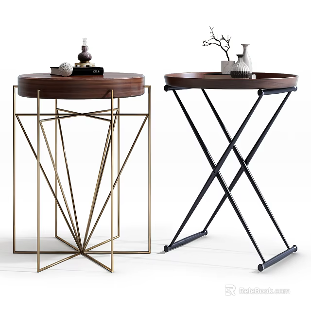 Modern Side Tables with Wooden Tops Gold Geometric and Black Cross Metal Leg Designs 3d model 