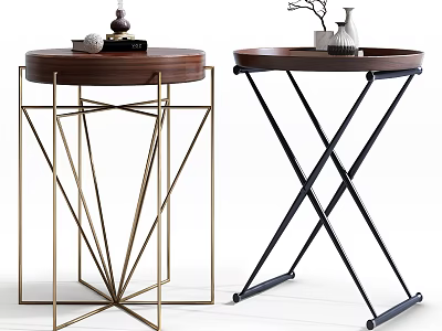 Modern Side Tables with Wooden Tops Gold Geometric and Black Cross Metal Leg Designs 3d model