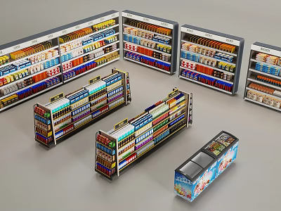 Retail Store Display Shelves Filled With Various Products In Assorted Designs And Styles For Organization 3d model