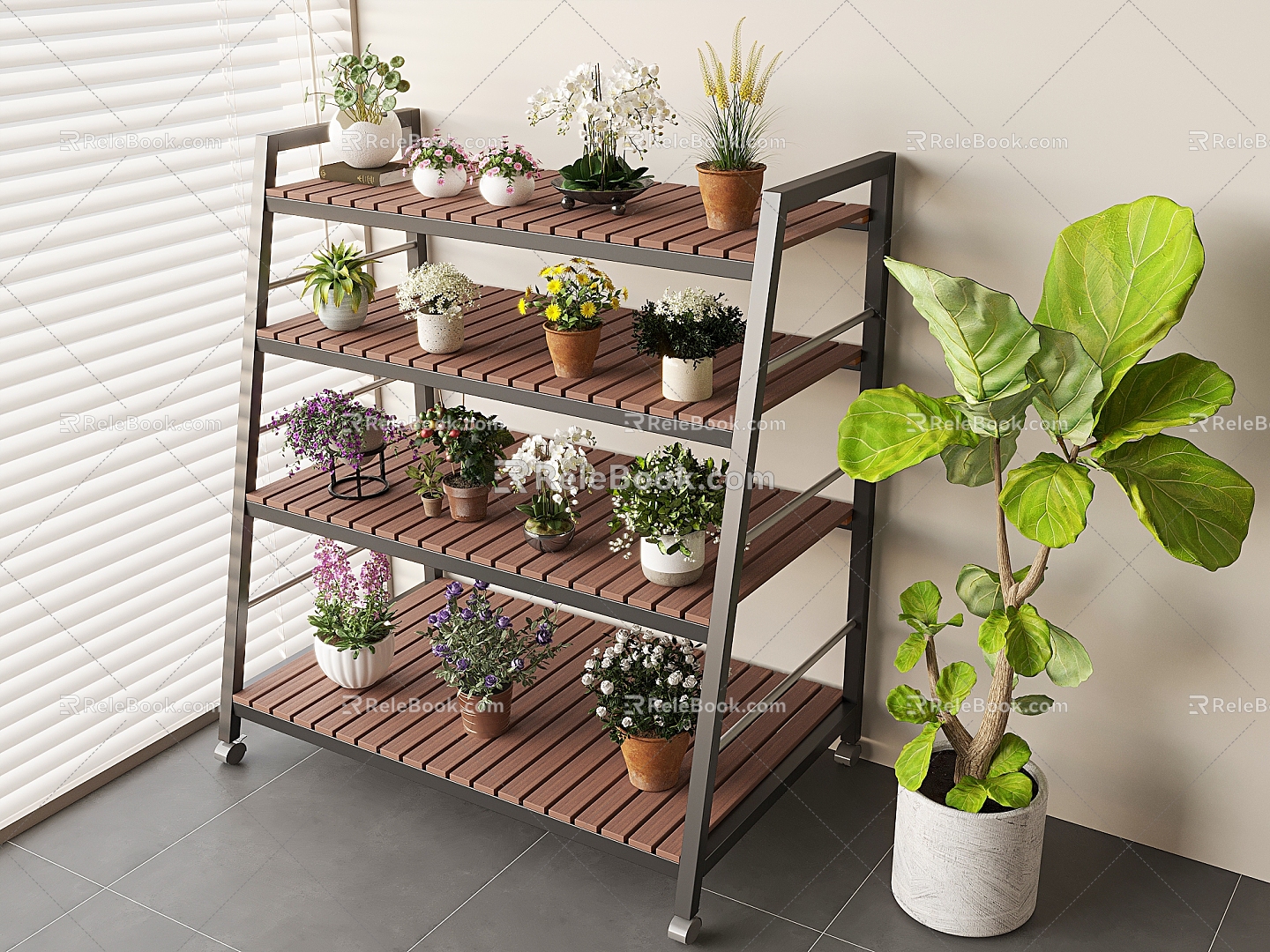 Antique Solid Wood Flower Rack Stainless Steel Flower Rack Balcony Storage Rack Plant Rack Green Plant Potted Plant 3d model