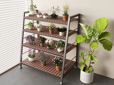 Multi tiered Plant Shelf With Metal Frame Wooden Shelves And Indoor Potted Plants 3d model