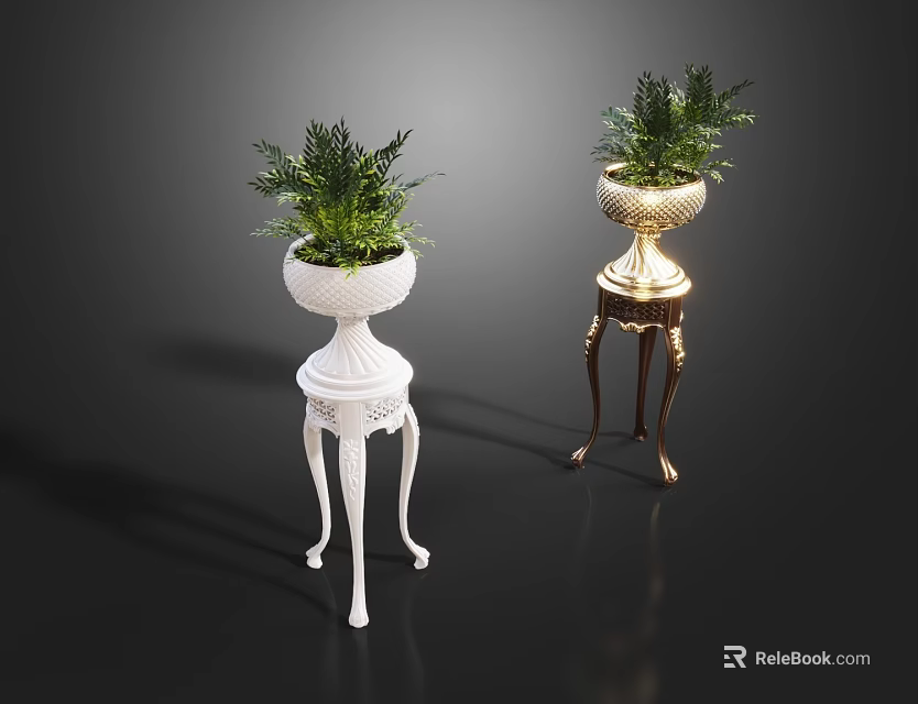 Garden Ornaments With White And Gold Stands Elegant Carved Legs And Lush Green Plants 3d model 