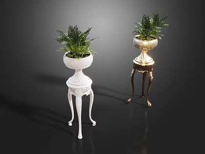 Garden Ornaments With White And Gold Stands Elegant Carved Legs And Lush Green Plants 3d model