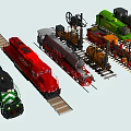Assorted Train Models in Various Colors and Styles with Rail Tracks and Train Parts 3d model