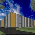 Modern Industrial Factory With Yellow White Exterior Large Glass Windows Green Lawn And Blue Sky