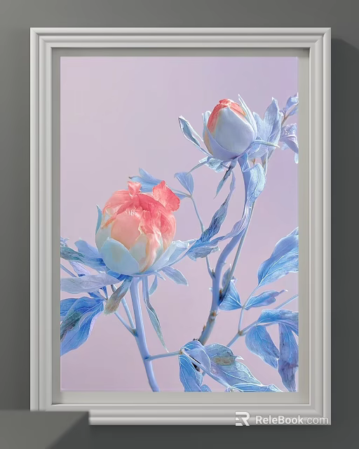 Pink and Blue Peony Plant Painting with Blue Leaves on Pastel Pink Background 3d model 