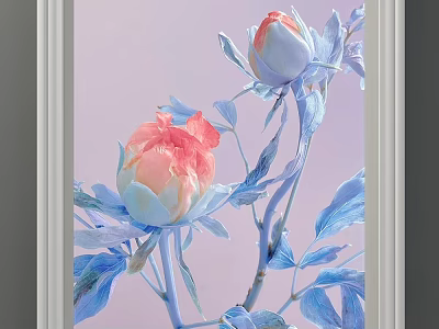 Pink and Blue Peony Plant Painting with Blue Leaves on Pastel Pink Background 3d model