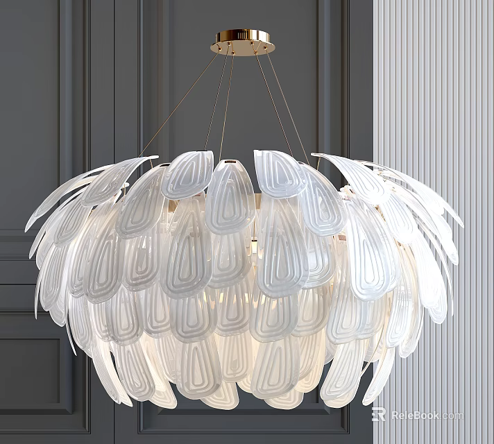 Modern Elegant White Leaf Shaped Chandelier With Golden Ceiling Mount Design 3d model