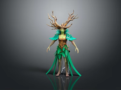 Fantasy Forest Creature Character With Antlers Green Skin And Leaf Decorated Costume 3d model