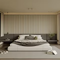 Modern Bedroom with Vertical Slat Wall Large Window Green View Grey Bed Linen Rug