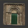 Ancient Stone Ornate Carved Door With Green Panel And Architectural Details