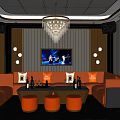 Luxurious KTV Interior Design With Orange Sofas Chandelier TV And Wine Bottles