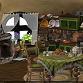 Cozy Kitchen Dining Interior With Stone Fireplace Green Cabinets Wooden Table Checkered Tablecloth Teapot Cookies