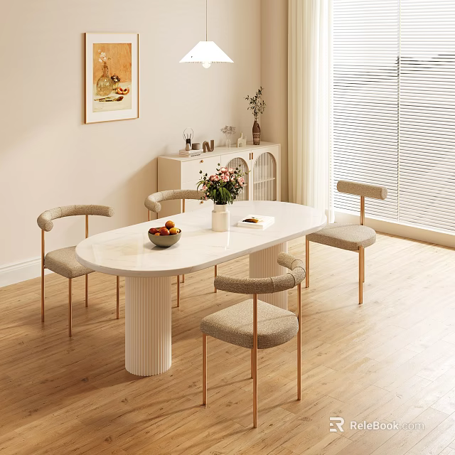Modern White Oval Dining Table Set With Light Gray Chairs Golden Legs And Sideboard Decorations 3d model 