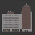 Multi Storey Office Building With Red And White Exterior And Central Swimming Pool