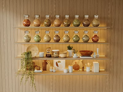 Stylish Kitchenware Display On Wooden Wall Shelves With Glass Jars Plates Bowls And Plant 3d model