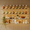 Stylish Kitchenware Display On Wooden Wall Shelves With Glass Jars Plates Bowls And Plant