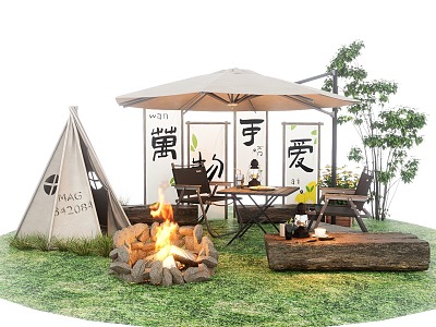 Outdoor Camping Table and Chair Camping Tent Atmosphere Hanging Cloth Fire Casual Table and Chair Folding Chair 3d model