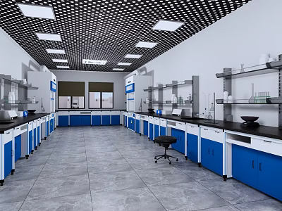 Modern Laboratory Interior Featuring Lab Benches Blue Cabinets Shelves and Equipment 3d model