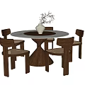 Modern Round Dining Table and Chair Set with Walnut Wood Woven Seats and White Vase