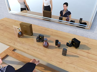 Elegant Perfume and Cosmetics Display on Wooden Table with Mirror Reflection 3d model