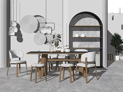 Modern Dining Table Set Interior Featuring Wooden Chairs Hanging Lights And Open Shelves 3d model