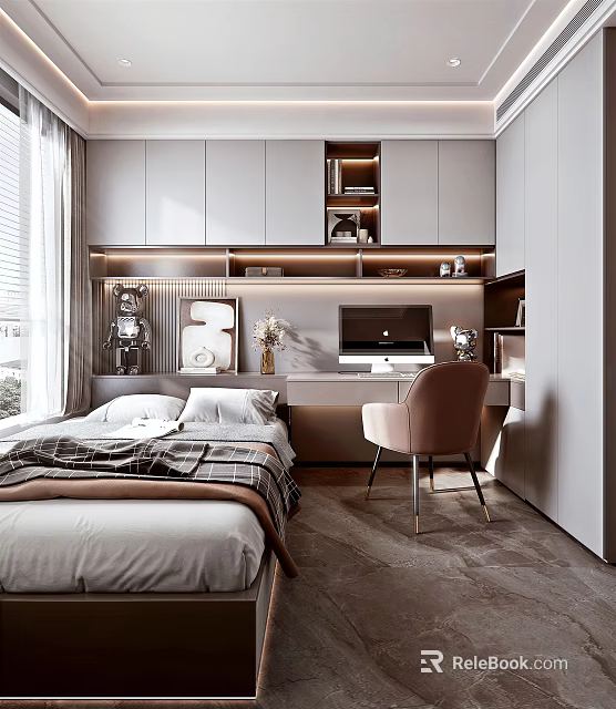Modern Tatami Bedroom Interior Design With Built in Cabinets Desk Chair And Decorative Items 3d model 