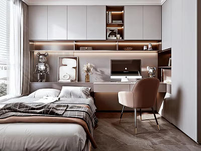 Modern Tatami Bedroom Interior Design With Built in Cabinets Desk Chair And Decorative Items 3d model