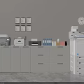 Modern White Bookcase In Office Area With Printers File Cabinets Wall Clock And Picture Frames