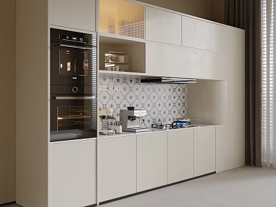 Light Colored Cabinets In Modern Kitchen With Integrated Appliances And Tile Backsplash 3d model