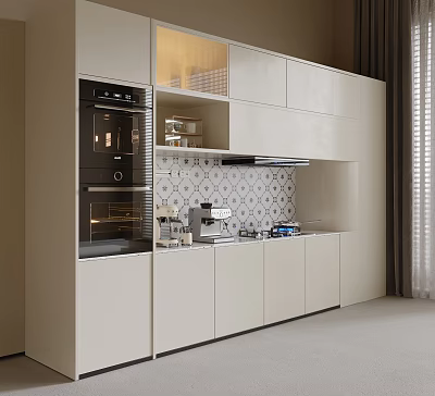Light Colored Cabinets In Modern Kitchen With Integrated Appliances And Tile Backsplash 3d model