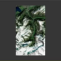 3D Terrain Model with Snow Covered Peaks Green Valleys and Blue Lake Detailed Topographic Relief
