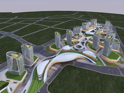 Urban Aerial Planning Featuring Modern High Rise Buildings Curved Architecture Green Spaces And Road Networks 3d model