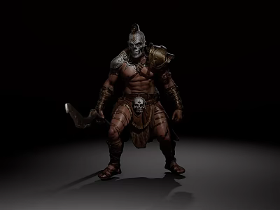 Warrior Sculpture Carving with Axe Armour and Skull Decoration in Dark Background 3d model