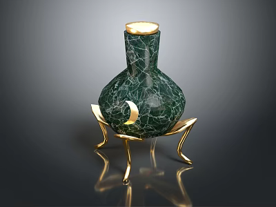 Elegant Green Vase with Cracked Texture and Golden Stand for Home Decor 3d model